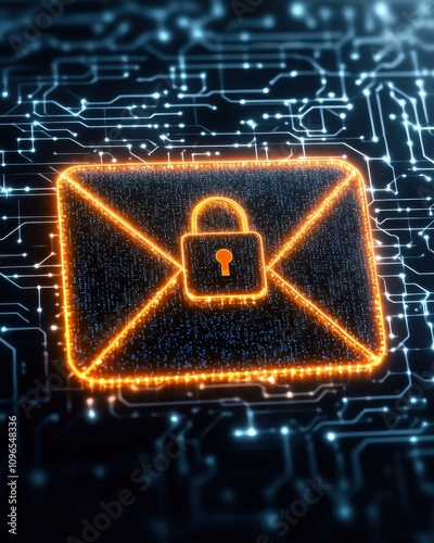 A glowing, locked envelope symbolizing secure email communication against a digital circuit background.