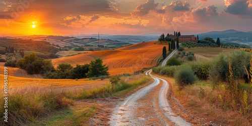 Tuscan Sunset: Golden Hills and Winding Road