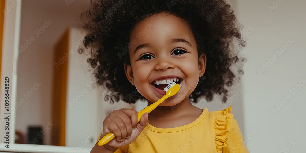 Cheerful little girl brushing her teeth in bathroom at home Cheerful little girl brushing her teeth in bathroom at home
