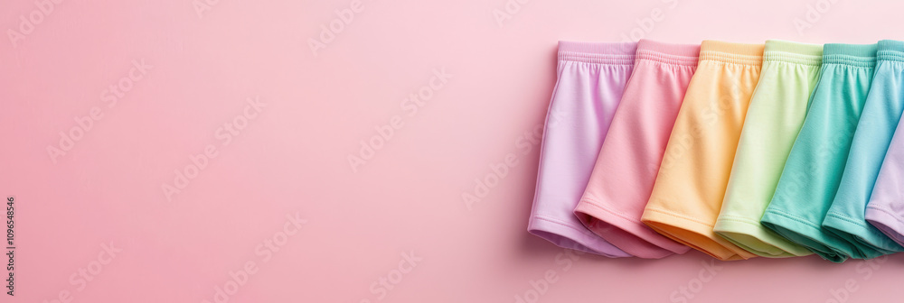 Soft pastel pajama shorts in row on pink background, perfect for cozy nights. These colorful shorts add cheerful touch to any sleepwear collection Soft pastel pajama shorts in row on pink background, perfect for cozy nights. These colorful shorts add cheerful touch to any sleepwear collection