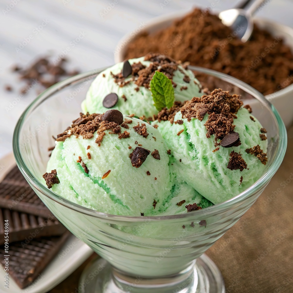 Mint chocolate chip ice cream in a glass bowl with chocolate shavings Mint chocolate chip ice cream in a glass bowl with chocolate shavings