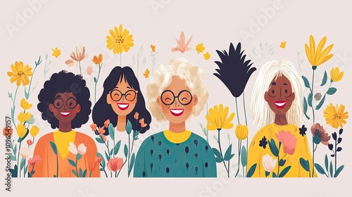 Diverse group of happy women with flowers in a colorful illustration photo