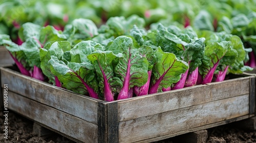 Vibrant swiss chard growing in wooden crates outdoors photo