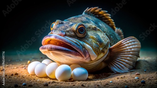 Bullhead Fish on Sandy Shore at Night with Eggs in Mouth, Emphasizing Intricate Details of Nature's Reproduction and Habitat in Low Light Photography photo