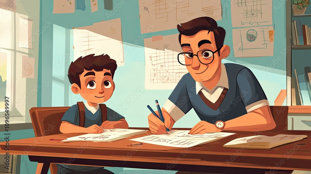 A Cheerful Art Session Between Father and Son in a Bright Room Filled with Creative Drawings and Inspiration A Cheerful Art Session Between Father and Son in a Bright Room Filled with Creative Drawings and Inspiration