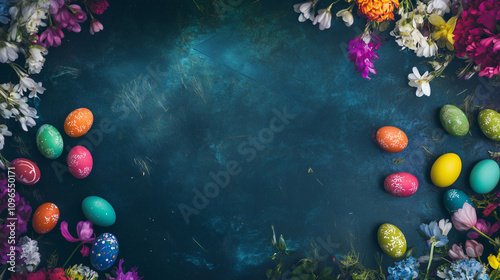 Dark Festive Background With Brightly Colored Easter Eggs And Flowers photo