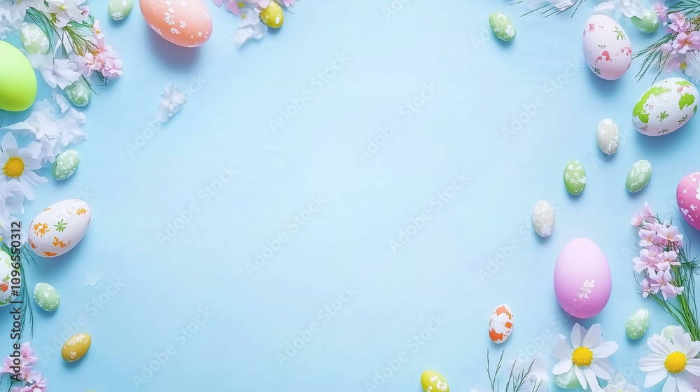 Soft Pastel Easter Background With Decorated Eggs And Flowers Soft Pastel Easter Background With Decorated Eggs And Flowers