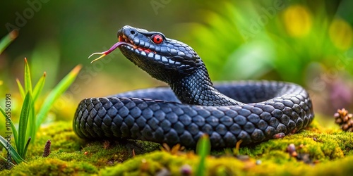 Candid Capture of Black Adder (Vipera berus nikolskii) in Attack Position, Showcasing Intricate Scales and Natural Habitat in Stunning Detail for Wildlife Enthusiasts photo