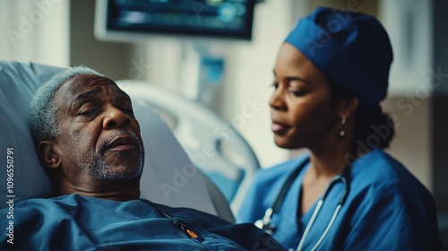 Caring nurse attending to elderly patient in hospital bed