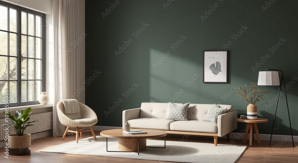 Modern living room with a white sofa and a green wall. Modern living room with a white sofa and a green wall.