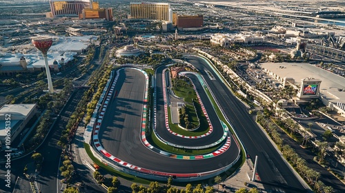 Aerial View of Race Track with Cityscape in the Background