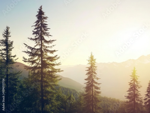 Majestic Mountain Scenery at Sunrise: A Tranquil Forest Landscape