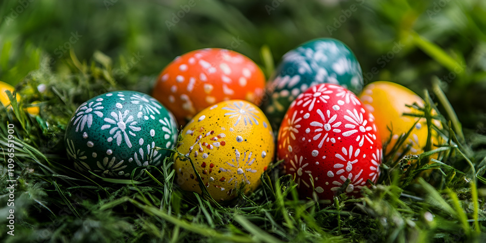 Vibrant Hand-Painted Easter Eggs on Grass Vibrant Hand-Painted Easter Eggs on Grass