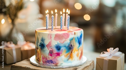 Artistic birthday cake with hand-painted watercolor designs, slim candles, eco-friendly kraft paper gift boxes, natural light setting  photo