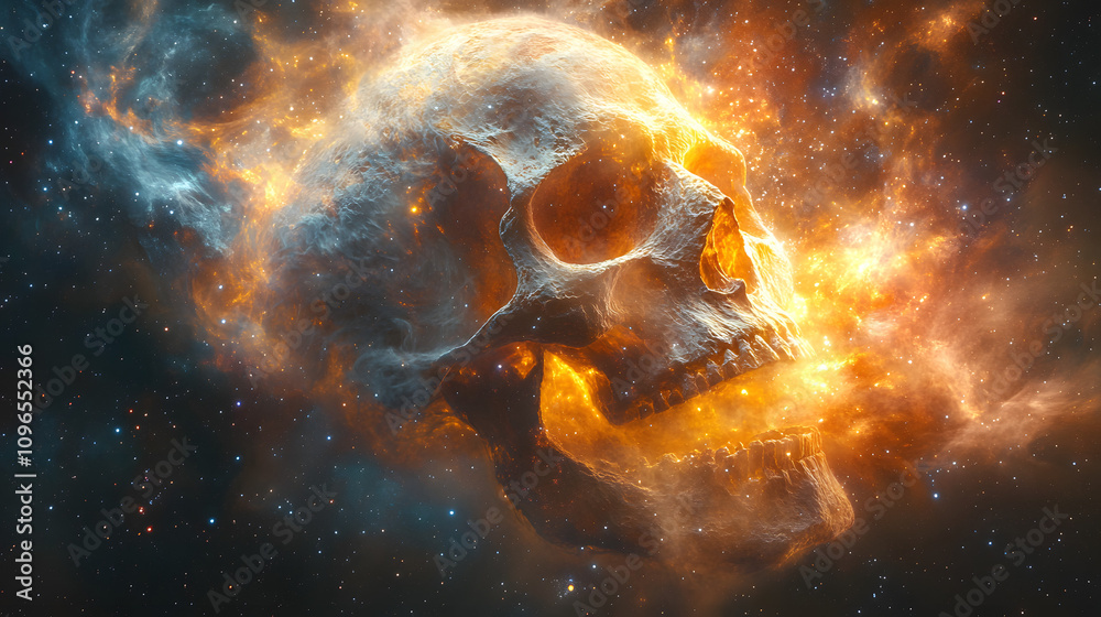 A surreal skull formed from vibrant nebulae in a psychedelic dark fantasy setting, blending cosmic elements with mysterious, otherworldly beauty, evoking themes of life, death, and the universe’s enig A surreal skull formed from vibrant nebulae in a psychedelic dark fantasy setting, blending cosmic elements with mysterious, otherworldly beauty, evoking themes of life, death, and the universe’s enig