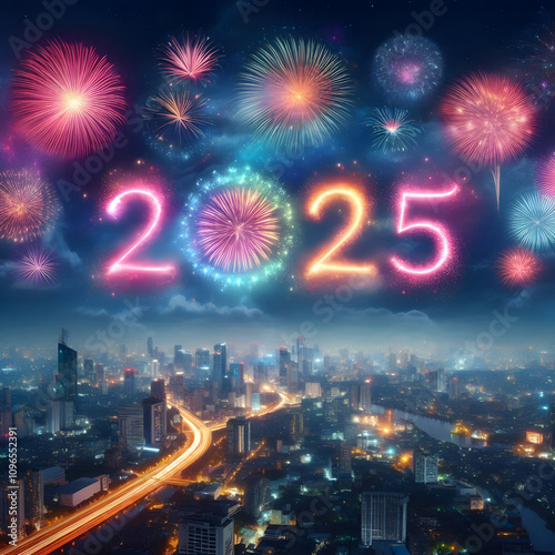 Fireworks in the sky with text 2025 of happy new year celebration