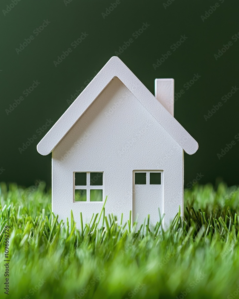 A white house model sits on vibrant green grass against a dark background, symbolizing home and nature. A white house model sits on vibrant green grass against a dark background, symbolizing home and nature.