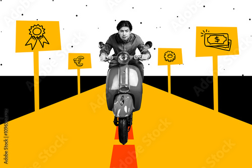 Composite photo collage of serious businessman ride vespa moped road sign turn banknotes income gear euro isolated on painted background photo