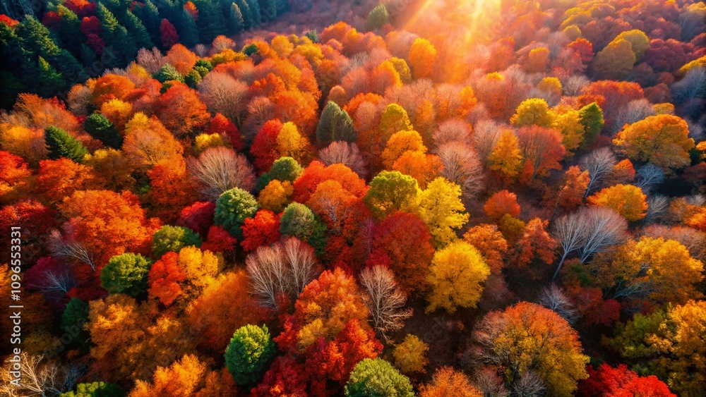 Fototapeta premium Captivating Aerial View of a Vibrant Autumn Forest with Richly Colored Foliage and Natural Patterns Showcasing the Beauty of Fall in Nature Photography