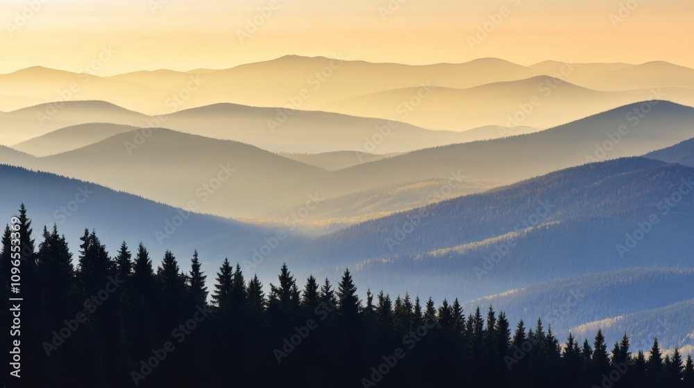 Obraz premium Misty Mountain Range at Sunrise