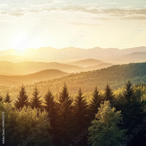 Serene Mountain Sunrise: A Misty Forest Landscape