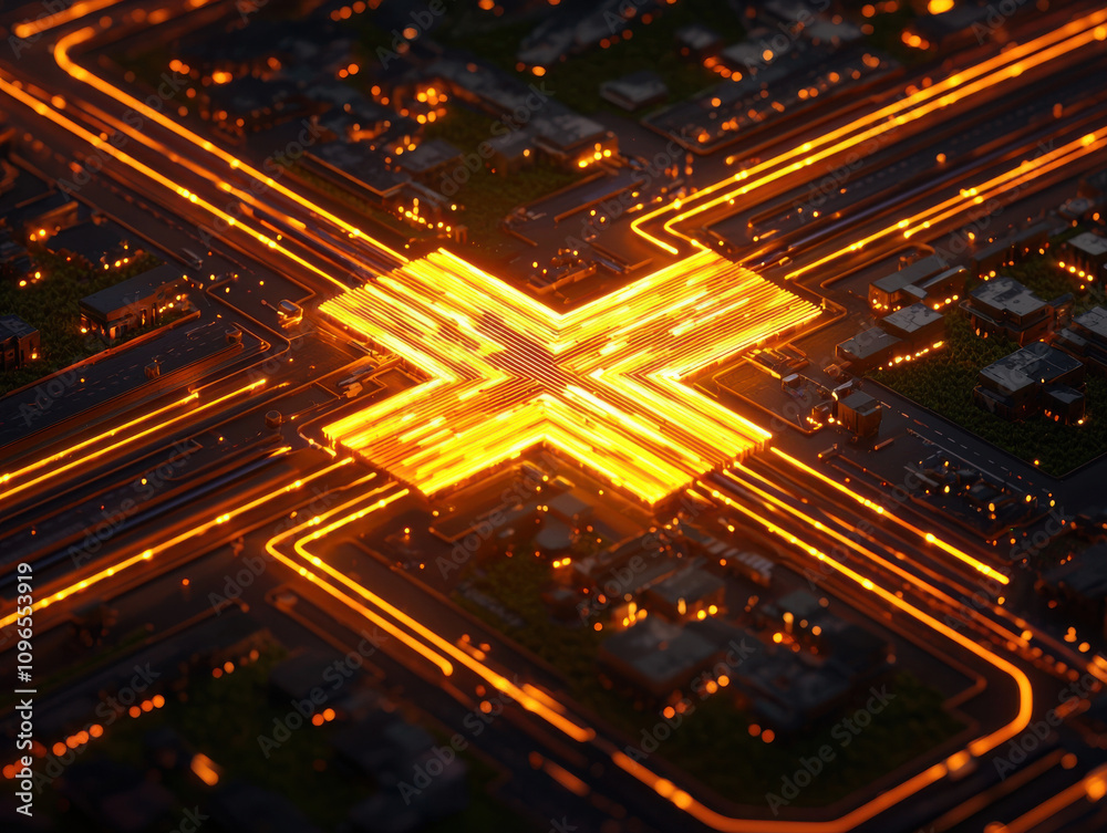 Glowing circuit board intersection with futuristic design Glowing circuit board intersection with futuristic design