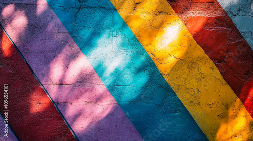 Vibrant wall mural features colorful diagonal stripes at daylight