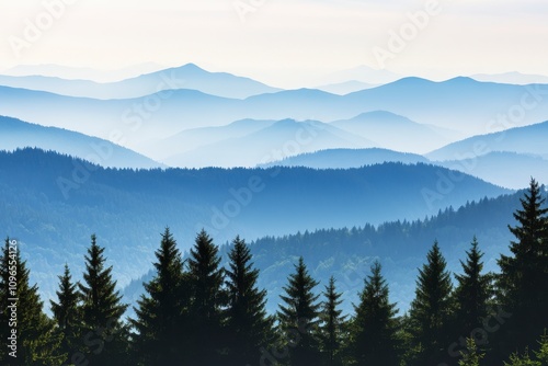 Awe-inspiring Mountain Range, Misty Blue Hues, Tranquil Forest, Scenic Landscape Art
