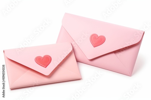 Minimalist pale pink mailing envelope with open lid and red heart on white background