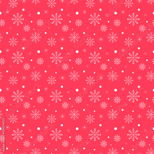 Christmas snowflakes repeat pattern. Seamless pattern of white snow flakes isolated on red background.Vector graphic illustration wallpaper for winter.