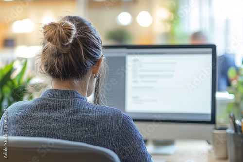 A person sitting at their desk, looking over the shoulder of someone who is creating an online form on a computer screen. The focus should be completely centered around them, and there should only be.