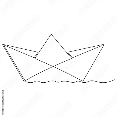 Continuous single line art drawing of paper boat sailing on the water river origami toy design vector illustration