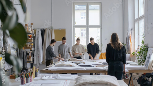 A team of young designers brainstorming in a studio filled with fabric samples, all made from sustainable materials like algae-based textiles and organic cotton, collaboration and design photo