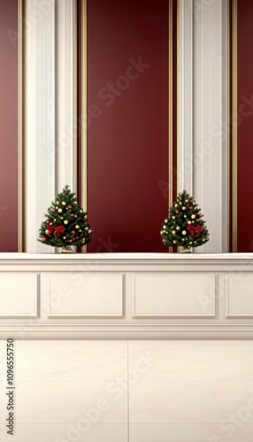 Two miniature Christmas trees on a white counter against a burgundy and gold wall.