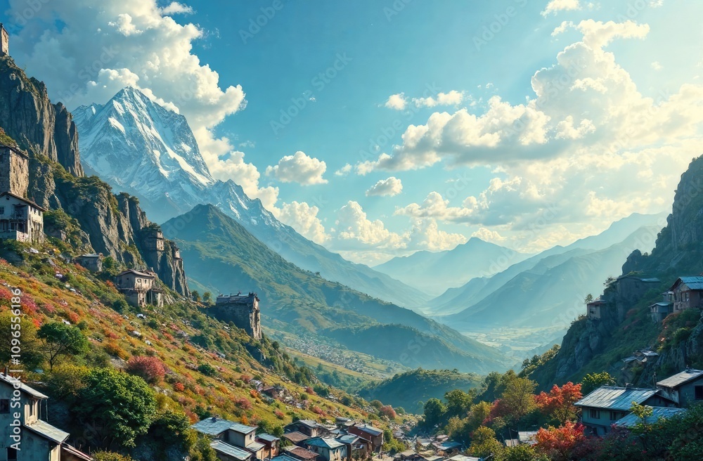 houses in the mountains. Beautiful landscape mountains and sky houses in the mountains. Beautiful landscape mountains and sky