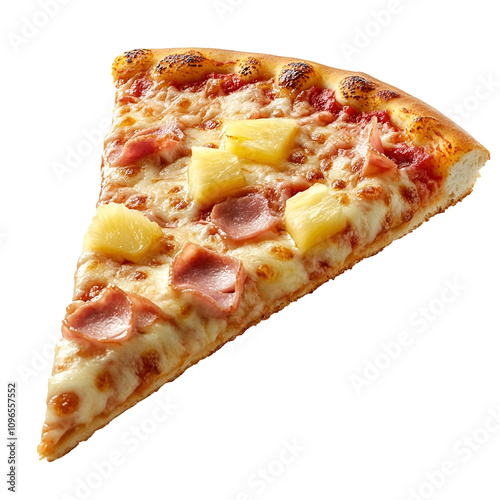 Front view of a hyperrealistic slice of ham and pineapple pizza levitating in mid-air, isolated on a white transparent background