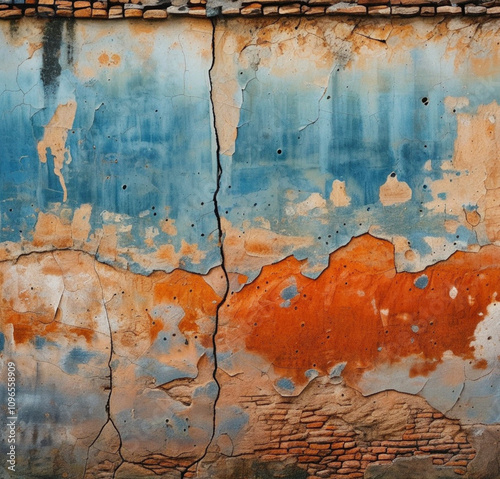 An old, weathered wall with visible cracks and peeling paint, revealing layers of faded colors like warm terracotta, deep ochre, and hints of dusty blue photo