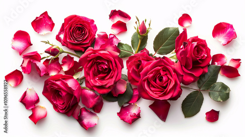 Fototapeta Naklejka Na Ścianę i Meble -  Roses and Petals: Overhead photo of roses and petals isolated on a white background.