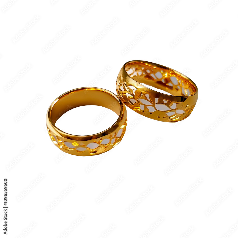 A pair of golden wedding rings cut out from stock on transparent background. A pair of golden wedding rings cut out from stock on transparent background.