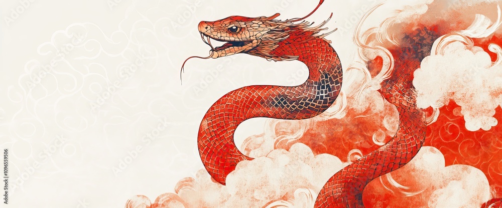 Obraz premium Chinese New Year-inspired illustrations featuring red dragons and snakes with symbolic designs. AI generated image