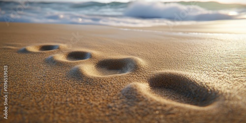 Golden Hour Beach Sand Texture: Footprints and Waves