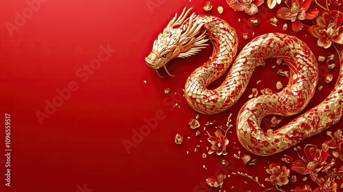 Red and gold themed Chinese New Year design with a decorative snake, symbolizing prosperity and luck. AI generated image