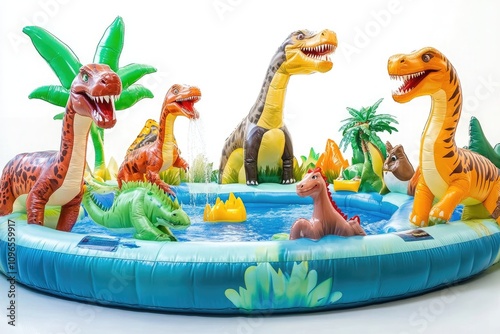 Inflatable children's play pool with a dinosaur and jungle theme, featuring an inflatable water park for kids photo