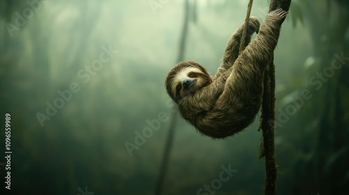 A solitary sloth hangs lazily from a tree branch, blending perfectly with the Amazon rainforests tranquil and unhurried pace of life. photo