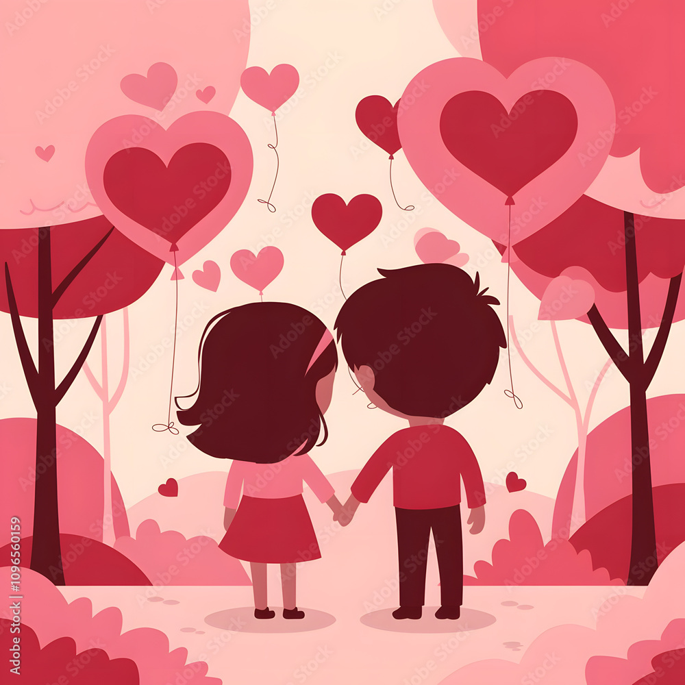 The couple holds hands, surrounded by red and pink heart-shaped balloons The couple holds hands, surrounded by red and pink heart-shaped balloons
