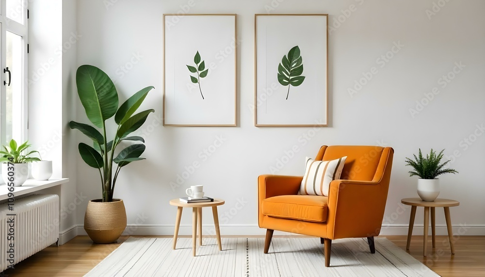 An orange mid-century modern armchair in a minimalist living room with white walls , framed botanical prints , and small side tables An orange mid-century modern armchair in a minimalist living room with white walls , framed botanical prints , and small side tables