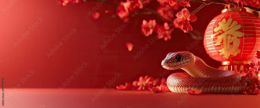 Chinese New Year with festive snakes, glowing lanterns, and blossoms. AI generated image Chinese New Year with festive snakes, glowing lanterns, and blossoms. AI generated image