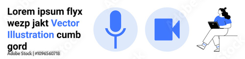 Blue microphone and video camera icons, person using a laptop. Ideal for online communication, virtual meetings, webinars, remote work, digital content creation, online education, technology. Landing