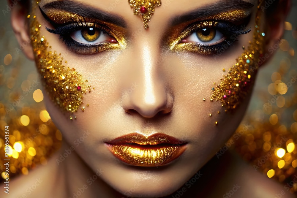 Captivating Fashion Photography of a Feminine Visage with Golden Glitter on Eyes and Eyelids for Graphic Design and Creation Projects Captivating Fashion Photography of a Feminine Visage with Golden Glitter on Eyes and Eyelids for Graphic Design and Creation Projects