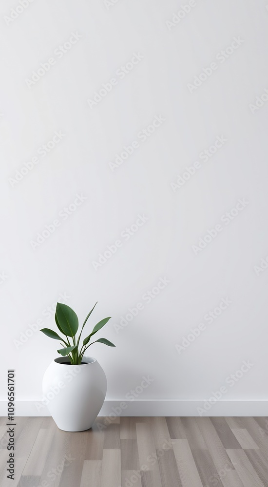 White wall and wood floor with a potted plant. White wall and wood floor with a potted plant.